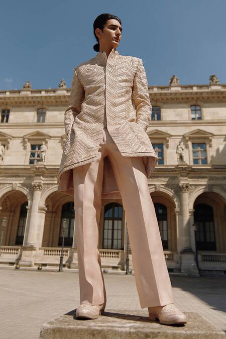 Buy Jigar & Nikita Brown Silk, Chanderi Silk, Linen Beads, Embroidered Chevron Sherwani Pant Set Online at Aza Fashions Buy_Jigar & Nikita_Brown Silk, Chanderi Silk, Linen Beads, Embroidered Chevron Sherwani Pant Set _Online_at_Aza_Fashions