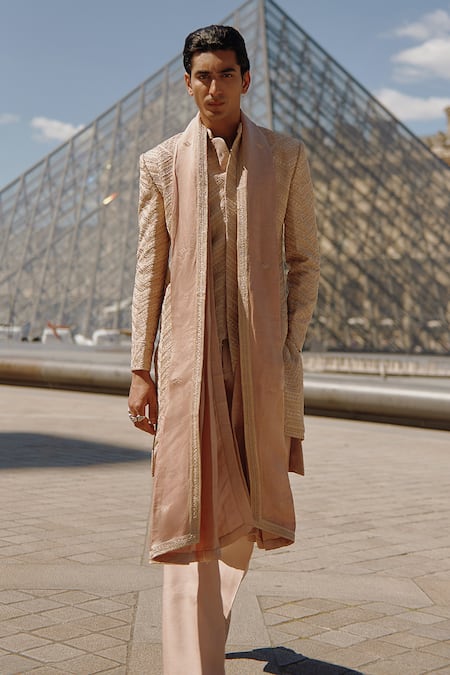Shop Jigar & Nikita Brown Silk, Chanderi Silk, Linen Beads, Embroidered Chevron Sherwani Pant Set Online at Aza Fashions Shop_Jigar & Nikita_Brown Silk, Chanderi Silk, Linen Beads, Embroidered Chevron Sherwani Pant Set _Online_at_Aza_Fashions