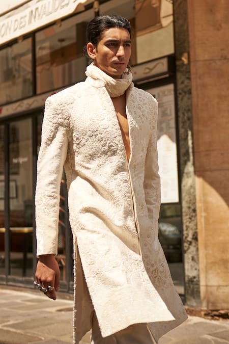 Jigar & Nikita_White Silk, Velvet, Chanderi Silk, Linen, Embroidered Blossom Sherwani Pant Set _Online_at_Aza_Fashions