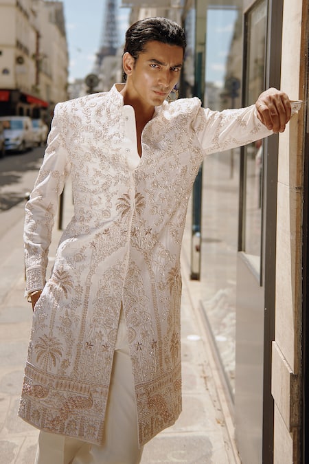 Jigar & Nikita Ivory Chanderi Silk, Silk, Linen, Zardozi Vine Embroidered Sherwani Pant Set Online at Aza Fashions Jigar & Nikita_Ivory Chanderi Silk, Silk, Linen, Zardozi Vine Embroidered Sherwani Pant Set _Online_at_Aza_Fashions