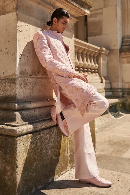 Buy_Jigar & Nikita_Pink Chanderi Silk Beads, Sequins, Resham Floral Vine Sherwani Pant Set _Online_at_Aza_Fashions