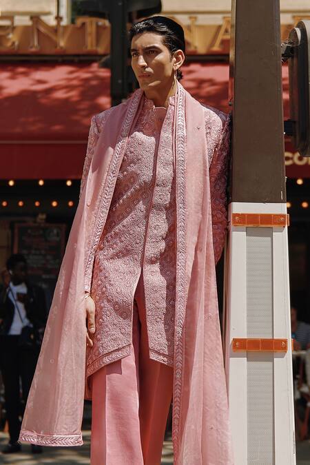 Jigar & Nikita_Pink Silk, Linen, Organza Beads, Floral Checkered Embroidered Sherwani Pant Set _Online_at_Aza_Fashions
