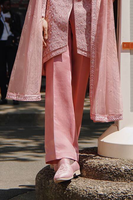 Buy_Jigar & Nikita_Pink Silk, Linen, Organza Beads, Floral Checkered Embroidered Sherwani Pant Set _Online_at_Aza_Fashions