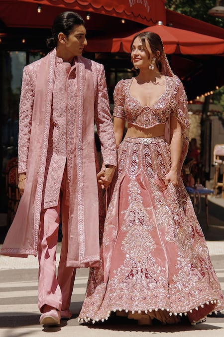 Shop_Jigar & Nikita_Pink Silk, Linen, Organza Beads, Floral Checkered Embroidered Sherwani Pant Set _Online_at_Aza_Fashions