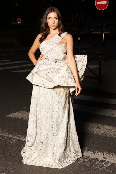 Jigar & Nikita Ivory Glass Organza Embellished Sequin One Shoulder Asymmetric Gown 