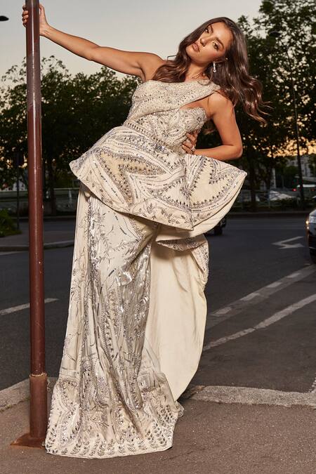 Jigar & Nikita_Ivory Organza Sequins, Beads One Shoulder Embellished Asymmetric Gown _Online_at_Aza_Fashions