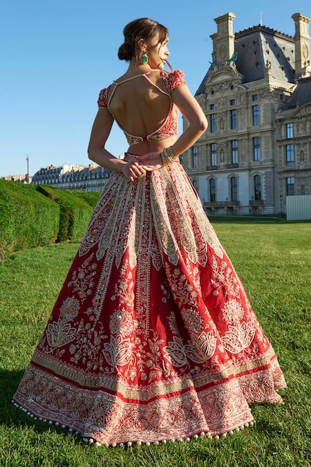 Jigar & Nikita_Red Net, Silk Pearls, Sequins, Zari Lotus Zardozi Embroidered Bridal Lehenga Set _Online_at_Aza_Fashions