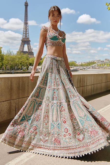 Buy_Jigar & Nikita_Green Net, Silk Zardozi Embroidered Gradient Patchwork Bridal Lehenga Set _Online_at_Aza_Fashions