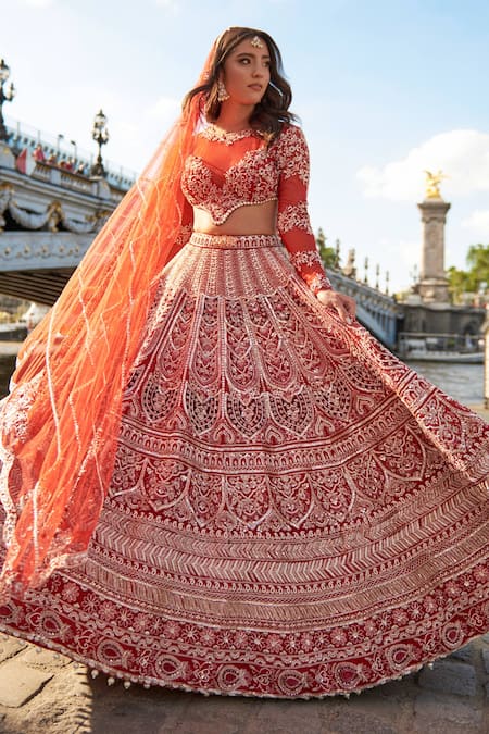 Jigar & Nikita Red Lehenga Raw Silk Embroidered Floral Scallop Sequin Embellished Bridal Set 