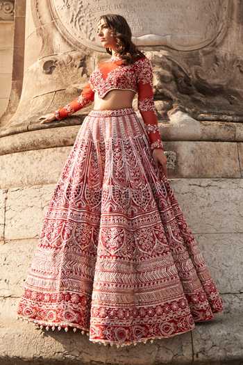 Buy_Jigar & Nikita_Red Net, Silk Zari, Sequins, Floral Scallop Embellished Bridal Lehenga Set _Online_at_Aza_Fashions