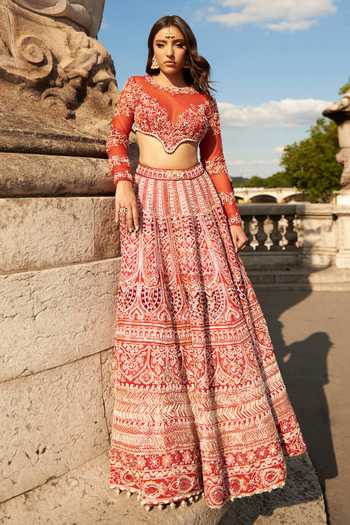 Shop_Jigar & Nikita_Red Net, Silk Zari, Sequins, Floral Scallop Embellished Bridal Lehenga Set _Online_at_Aza_Fashions