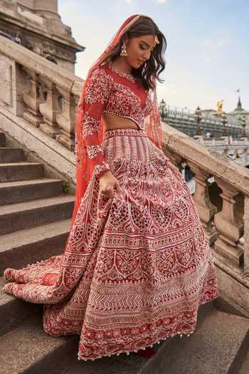 Jigar & Nikita_Red Net, Silk Zari, Sequins, Floral Scallop Embellished Bridal Lehenga Set _at_Aza_Fashions