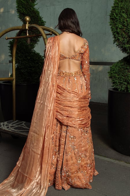 Jigar & Nikita Floral Vine Embroidered Pre-Draped Lehenga Saree With Blouse 