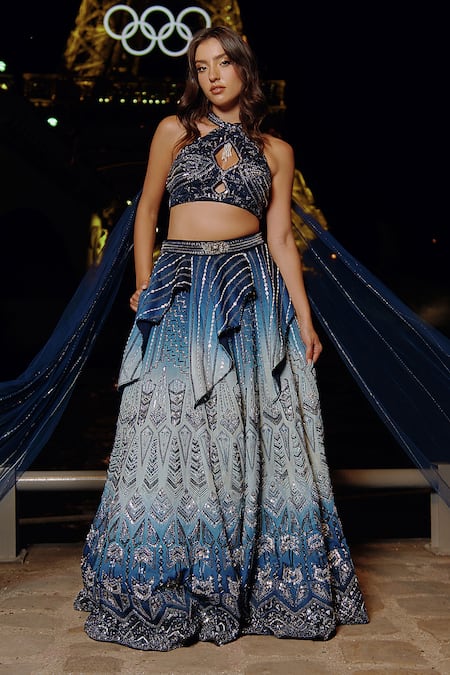 Jigar & Nikita Blue Linen Silk Geometric Crystal Embellished Panel Bridal Lehenga With Blouse 