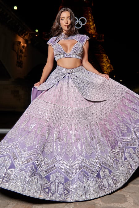 Jigar & Nikita Purple Geometric Crystal Embellished Overlap Panel Bridal Lehenga With Blouse 