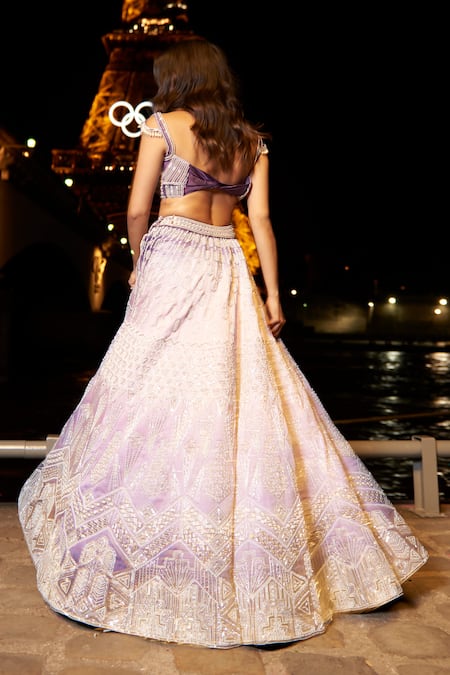 Jigar & Nikita_Purple Linen, Geometric Embellished Overlap Panel Bridal Lehenga With Blouse _Online_at_Aza_Fashions