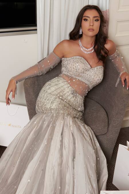 Jigar & Nikita Ivory Net, Silk Crystals, Pearls Sweetheart Neck Embellished Mermaid Gown Online at Aza Fashions Jigar & Nikita_Ivory Net, Silk Crystals, Pearls Sweetheart Neck Embellished Mermaid Gown _Online_at_Aza_Fashions