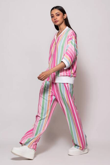 Shop Veera Wear Multi Color Cotton Halter Neck Candy Striped Print Jacket With Pant at Aza Fashions Shop_Veera Wear_Multi Color Cotton Halter Neck Candy Striped Print Jacket With Pant_at_Aza_Fashions