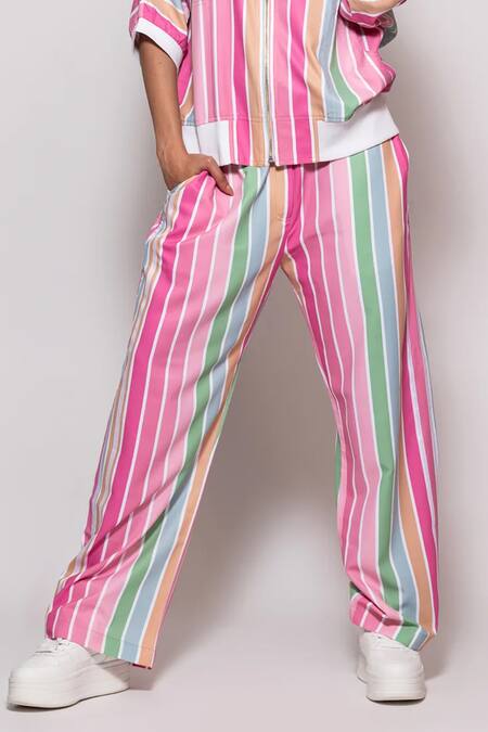 Veera Wear Multi Color Cotton Halter Neck Candy Striped Print Jacket With Pant Online at Aza Fashions Veera Wear_Multi Color Cotton Halter Neck Candy Striped Print Jacket With Pant_Online_at_Aza_Fashions