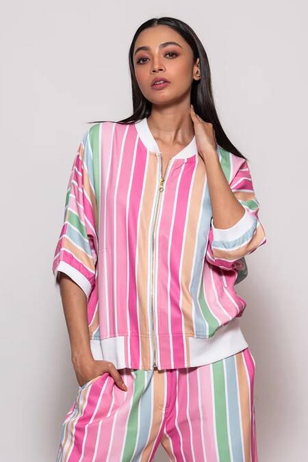 Buy Veera Wear Multi Color Cotton Halter Neck Candy Striped Print Jacket With Pant Online at Aza Fashions Buy_Veera Wear_Multi Color Cotton Halter Neck Candy Striped Print Jacket With Pant_Online_at_Aza_Fashions
