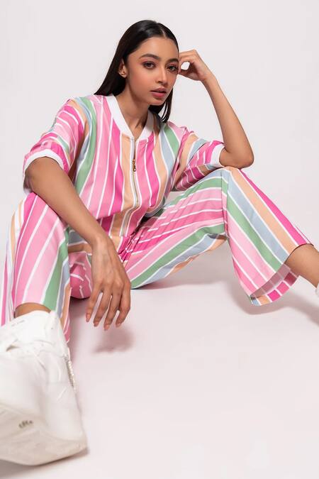 Shop Veera Wear Multi Color Cotton Halter Neck Candy Striped Print Jacket With Pant Online at Aza Fashions Shop_Veera Wear_Multi Color Cotton Halter Neck Candy Striped Print Jacket With Pant_Online_at_Aza_Fashions