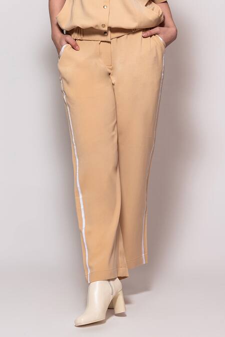 Veera Wear_Beige Crepe, Acrylic Collared Solid Henley Neck Jacket With Side Tape Pant_Online_at_Aza_Fashions
