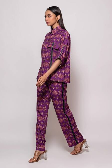 Veera Wear_Purple Cotton Collared Damask Bloom Print Shirt With Pant_Online_at_Aza_Fashions