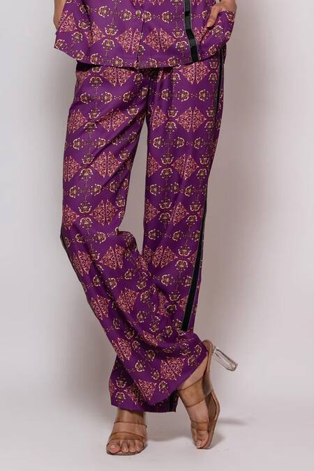 Buy_Veera Wear_Purple Cotton Collared Damask Bloom Print Shirt With Pant_Online_at_Aza_Fashions