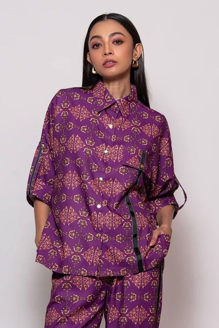 Shop_Veera Wear_Purple Cotton Collared Damask Bloom Print Shirt With Pant_Online_at_Aza_Fashions
