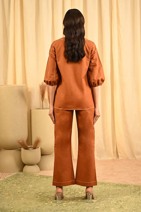 Shop Veera Wear Brown Cotton Round Neck Stitchline Work Front Tie Up Tunic With Pant at Aza Fashions Shop_Veera Wear_Brown Cotton Round Neck Stitchline Work Front Tie Up Tunic With Pant _at_Aza_Fashions