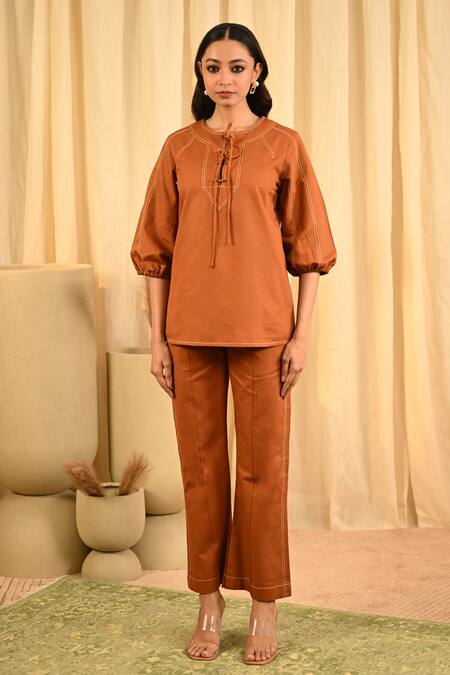 Veera Wear Brown Cotton Round Neck Stitchline Work Front Tie Up Tunic With Pant Online at Aza Fashions Veera Wear_Brown Cotton Round Neck Stitchline Work Front Tie Up Tunic With Pant _Online_at_Aza_Fashions