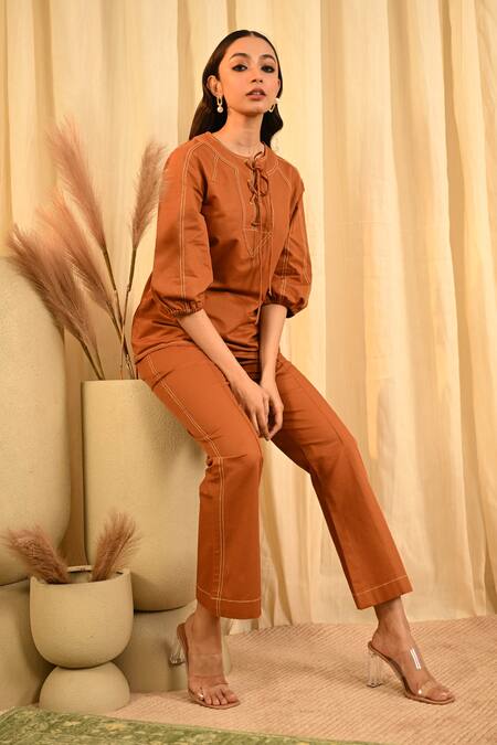 Shop Veera Wear Brown Cotton Round Neck Stitchline Work Front Tie Up Tunic With Pant Online at Aza Fashions Shop_Veera Wear_Brown Cotton Round Neck Stitchline Work Front Tie Up Tunic With Pant _Online_at_Aza_Fashions