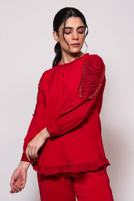 Veera Wear Red Crepe, Silk Noodle Patch And Nalki Embellished Sleeves Top With Pant Online at Aza Fashions Veera Wear_Red Crepe, Silk Noodle Patch And Nalki Embellished Sleeves Top With Pant_Online_at_Aza_Fashions