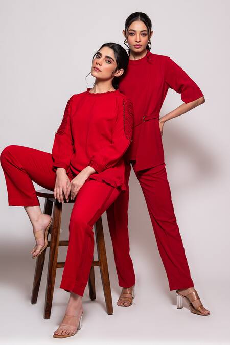 Buy Veera Wear Red Crepe, Silk Noodle Patch And Nalki Embellished Sleeves Top With Pant Online at Aza Fashions Buy_Veera Wear_Red Crepe, Silk Noodle Patch And Nalki Embellished Sleeves Top With Pant_Online_at_Aza_Fashions
