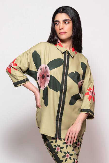 Buy_Veera Wear_Green Cotton Studs Collared Flora Print Shacket With Pant_Online_at_Aza_Fashions