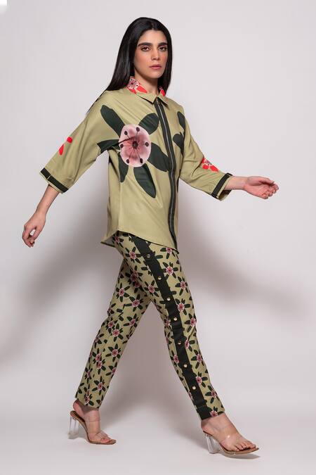 Shop_Veera Wear_Green Cotton Studs Collared Flora Print Shacket With Pant_Online_at_Aza_Fashions