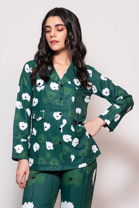Veera Wear_Green Cotton Collared Daisy Garden Print Shacket With Pant_Online_at_Aza_Fashions