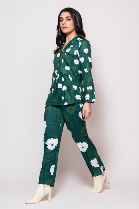 Buy_Veera Wear_Green Cotton Collared Daisy Garden Print Shacket With Pant_Online_at_Aza_Fashions