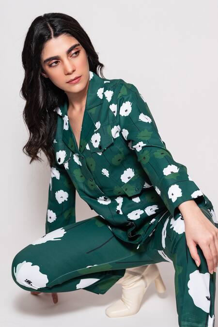 Shop_Veera Wear_Green Cotton Collared Daisy Garden Print Shacket With Pant_Online_at_Aza_Fashions