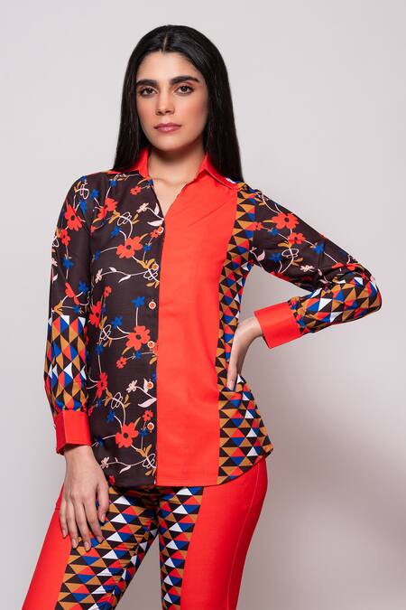 Shop Veera Wear Orange Cotton Collared Bloom Carnival Double Print Shirt With Pant at Aza Fashions Shop_Veera Wear_Orange Cotton Collared Bloom Carnival Double Print Shirt With Pant_at_Aza_Fashions