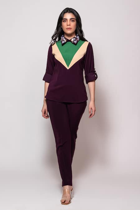 Veera Wear Colorblocked Yoke Embellished Collar Top With Pant 