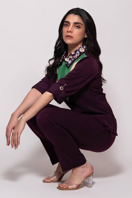 Shop Veera Wear Purple Crepe, Polyester Embroidery Colorblocked Yoke Embellished Top With Pant Online at Aza Fashions Shop_Veera Wear_Purple Crepe, Polyester Embroidery Colorblocked Yoke Embellished Top With Pant_Online_at_Aza_Fashions