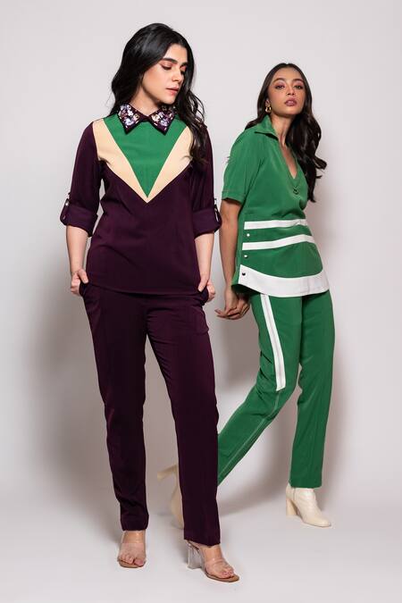 Veera Wear Purple Crepe, Polyester Embroidery Colorblocked Yoke Embellished Top With Pant at Aza Fashions Veera Wear_Purple Crepe, Polyester Embroidery Colorblocked Yoke Embellished Top With Pant_at_Aza_Fashions