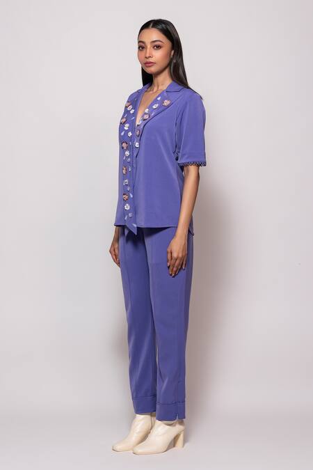 Veera Wear_Purple Crepe, Silk Sequins Collared Bloom Embellished Lapel Top With Pant_Online_at_Aza_Fashions
