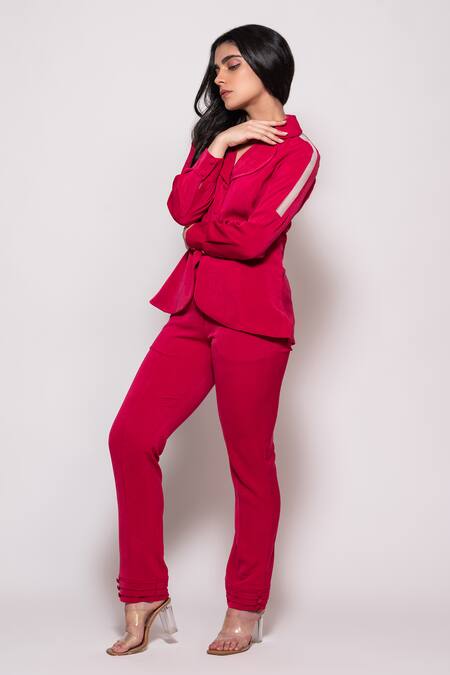 Shop Veera Wear Red Crepe Mesh Sleeve Panel Embellished Blazer With Pant at Aza Fashions Shop_Veera Wear_Red Crepe Mesh Sleeve Panel Embellished Blazer With Pant_at_Aza_Fashions