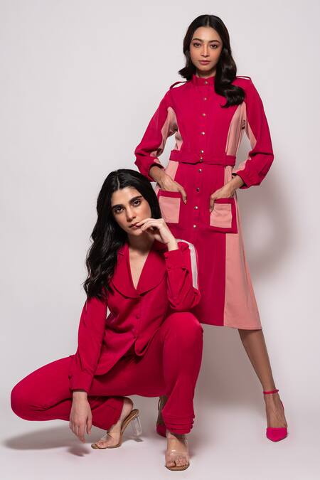 Buy Veera Wear Red Crepe Mesh Sleeve Panel Embellished Blazer With Pant Online at Aza Fashions Buy_Veera Wear_Red Crepe Mesh Sleeve Panel Embellished Blazer With Pant_Online_at_Aza_Fashions