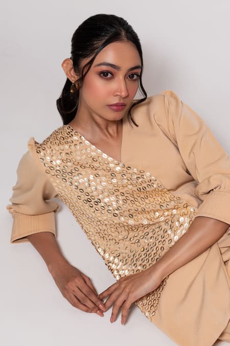 Shop Veera Wear Beige Crepe, Cotton Sequins V-neck Petal Embellished Top With Pant at Aza Fashions Shop_Veera Wear_Beige Crepe, Cotton Sequins V-neck Petal Embellished Top With Pant_at_Aza_Fashions