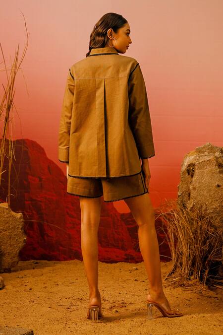 Shop Veera Wear Yellow Cotton Lace Collared Bloom Embellished Shirt With Shorts at Aza Fashions Shop_Veera Wear_Yellow Cotton Lace Collared Bloom Embellished Shirt With Shorts_at_Aza_Fashions