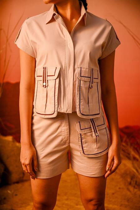 Veera Wear_Purple Cotton Collared Pocket Detail Shacket With Shorts_at_Aza_Fashions