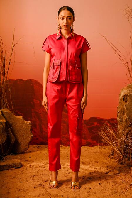 Veera Wear_Pink Cotton Collared Pocket Detail Shacket With Pant_Online_at_Aza_Fashions